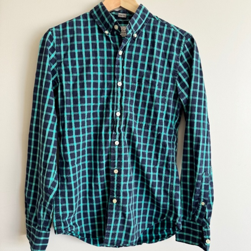 Mens J Crew Green + Navy Plaid Shirt XS